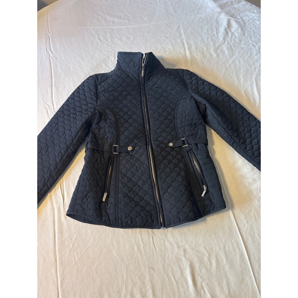 Giacca Quilted Jacket Womens Small Black Heart Pattern Zip Up Waist Tab